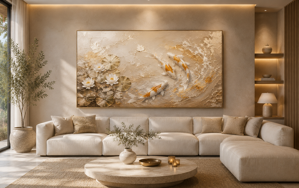 Golden Koi Serenity | Large Textured Koi Fish Painting, Gold & Neutral Wall Art, Original Lotus Canvas Art, Luxury Home Decor