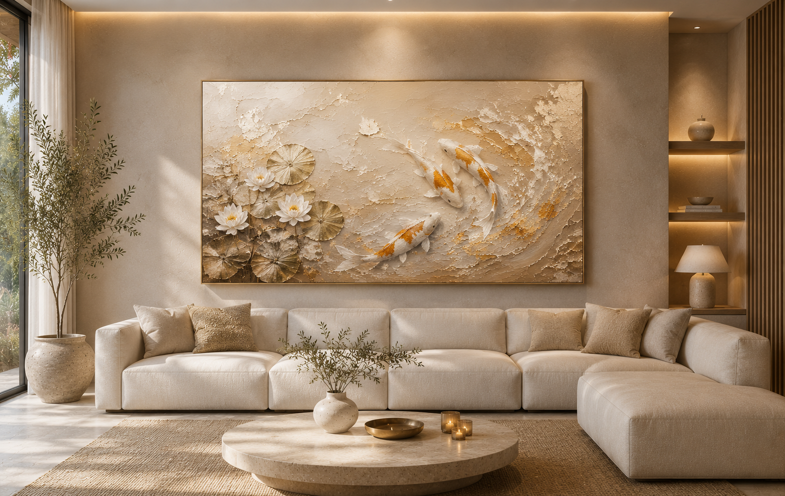 Golden Koi Serenity | Large Textured Koi Fish Painting, Gold & Neutral Wall Art, Original Lotus Canvas Art, Luxury Home Decor