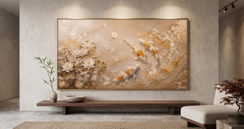 Golden Koi Serenity | Large Textured Koi Fish Painting, Gold & Neutral Wall Art, Original Lotus Canvas Art, Luxury Home Decor