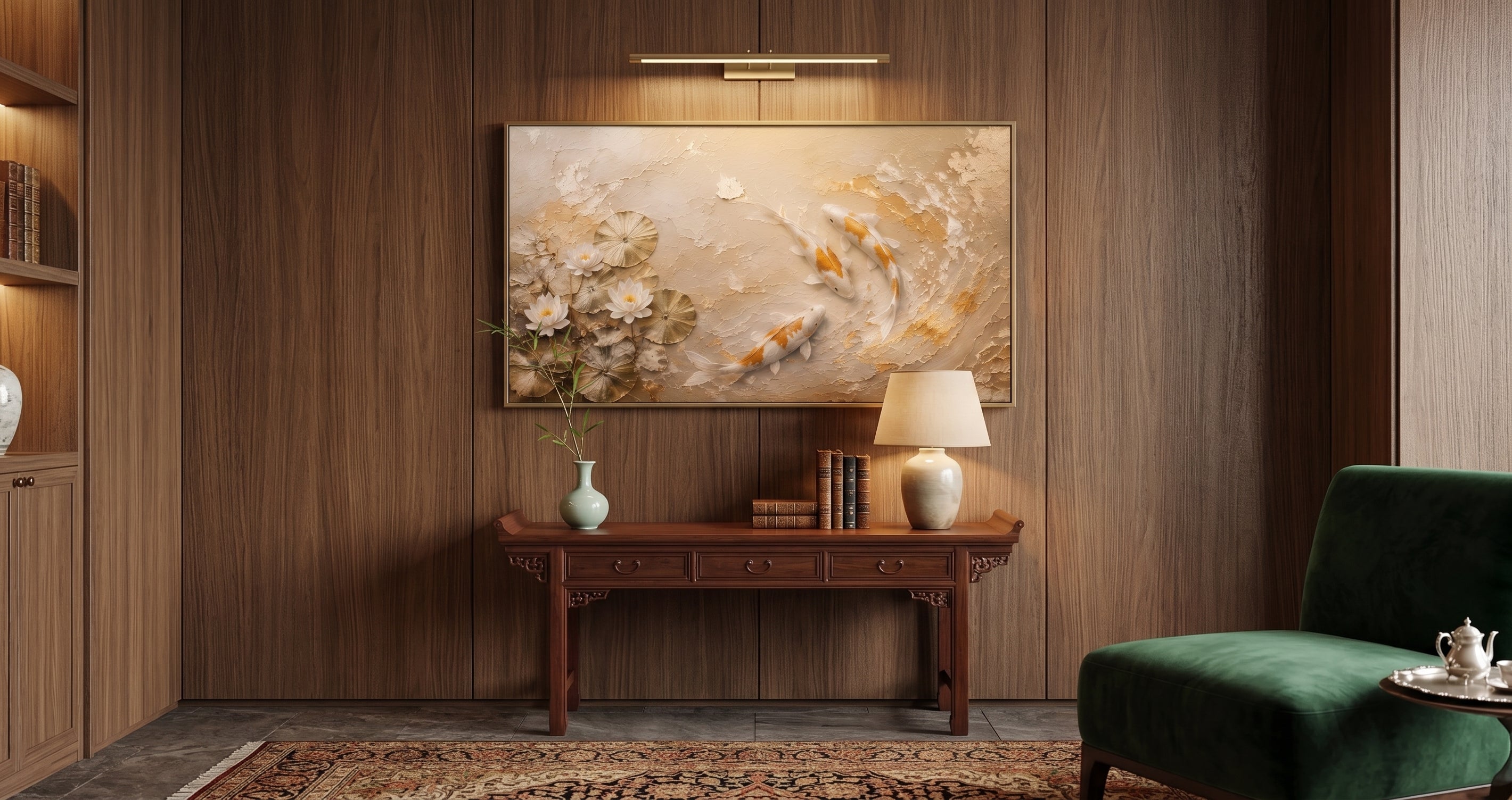 Golden Koi Serenity | Large Textured Koi Fish Painting, Gold & Neutral Wall Art, Original Lotus Canvas Art, Luxury Home Decor