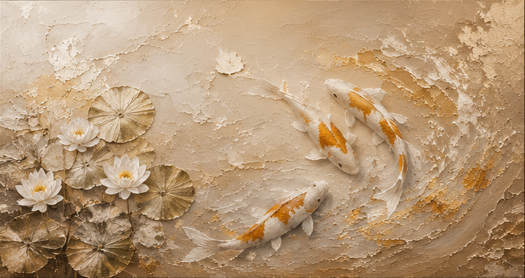 Golden Koi Serenity | Large Textured Koi Fish Painting, Gold & Neutral Wall Art, Original Lotus Canvas Art, Luxury Home Decor