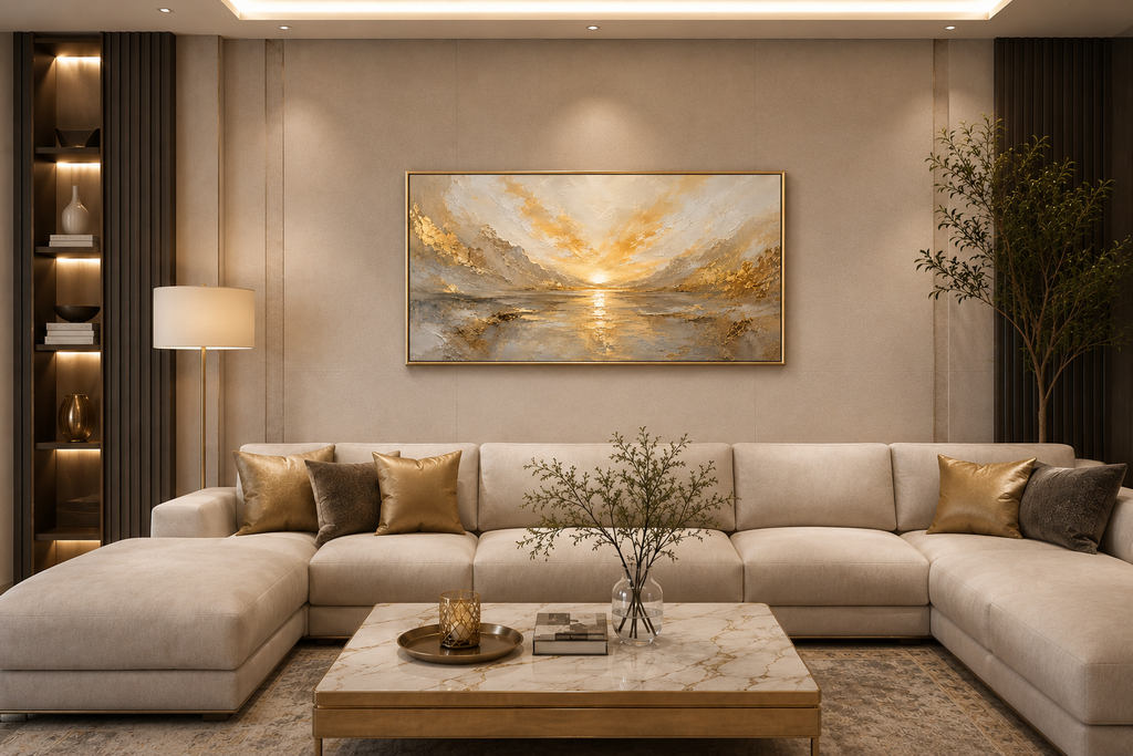 Luminous Horizon | Large Gold Textured Abstract Mountain Landscape Painting